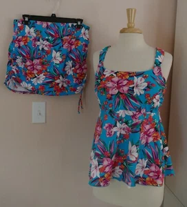 NWT Lands' End 10-12 Aqua Floral Tankini Baby Doll Swimsuit Top & 10 Swim Skirt - Picture 1 of 8