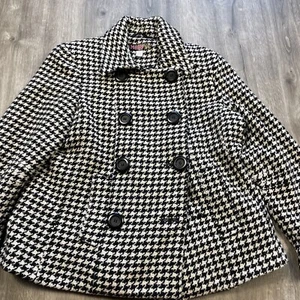 Mudd Girls Pea Coat Youth Large Black Cream Wool Blend Cropped Jacket Winter - Picture 1 of 12