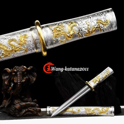 Золотой и серебряный китайский короткий нож дракон и феникс самообороны меч Дамаск - Изображение 1 из 4