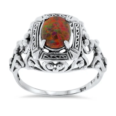 VICTORIAN DESIGN ANTIQUE STYLE 925 STERLING SILVER LAB RED FIRE OPAL RING   053z - Image 1 of 4