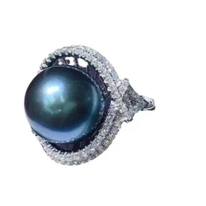 Fantastic 11-12mm South Sea Genuine Black Round Pearl Ring Adjustable Size 83AAA - Picture 1 of 7