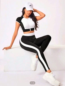 Shein Casual 2 pc Sport Gym Work Out Outfit Black & White Cropp Vest+Leggings XL - Picture 1 of 3