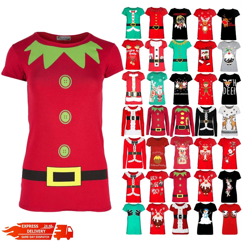 Womens Christmas T Shirt Ladies Elf Costume Xmas Cap Short Sleeve Jersey Top