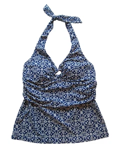 Lands' End Blue White Paisley Padded Built In Bra Halter Tankini Swim Top 6 - Picture 1 of 5