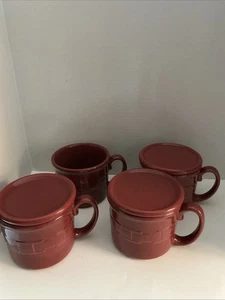 Longaberger Pottery Woven Traditions 4 SOUP MUGS Paprika , Burgundy w 3 Lids - Picture 1 of 6