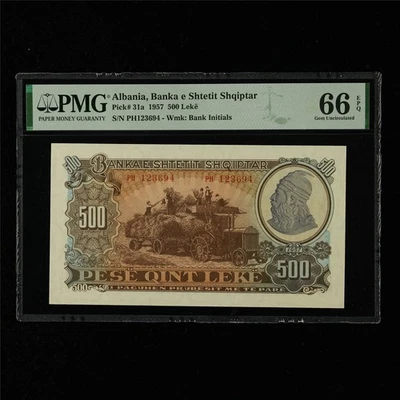 1957 Albania Banka e Shtetit Shqiptar 500 Leke Pick#31a PMG 66 EPQ Gem  UNC - Image 1 of 4