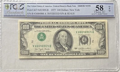 RARE 1977 $100 INVERTED OVERPRINT NEW YORK BILL ERROR🌟PCGS 58 OPQ! PCGS POP: 1 - Image 1 of 2