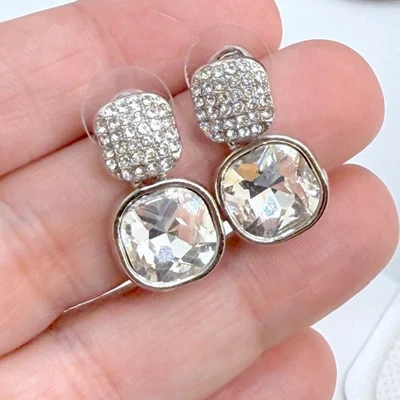 Silver Tone Cushion-Cut Rhinestone Bezel Pierced Post Drop Dangle Earrings 7/8" - Image 1 of 4