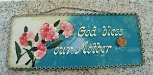 God Bless Our Mother Hand Painted Glass Blue Pink Sign w/ Chain Vtg 1940s 1950s