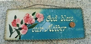 God Bless Our Mother Hand Painted Glass Blue Pink Sign w/ Chain Vtg 1940s 1950s - Picture 1 of 12