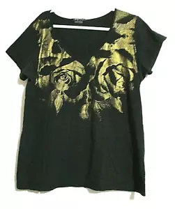 FEROCIOUS CHIC Black V-Nec Sz 2XL Gold Rose Print Casual Pullover Top Shirt - Picture 1 of 6