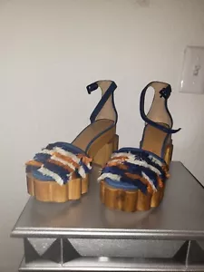 Tory Burch blue/orange/crm wooden platform shoes, New w/o box, sz.8, MSRP$675 - Picture 1 of 7