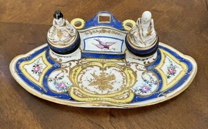 Antique Sevres Style Colbalt Raised Gold Flowers Chinoiserie Inkwell Sold As Is - Picture 1 of 12