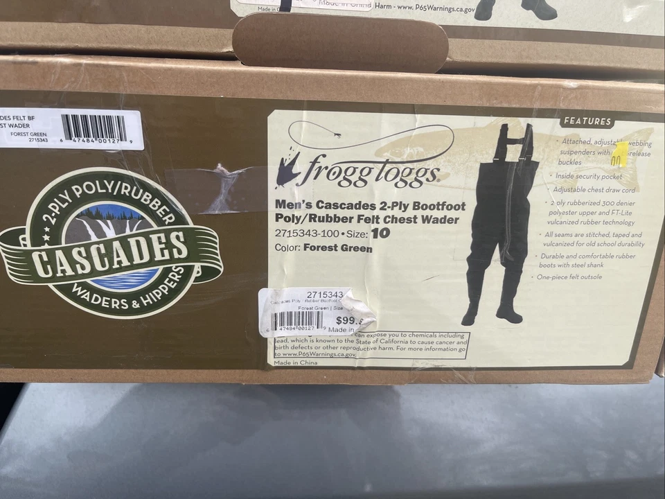 Frogg Toggs 2715343 Cascades 2-ply PVC Nylon Felt Sole Hip Waders Men's  Size 10 - Image 1 of 1