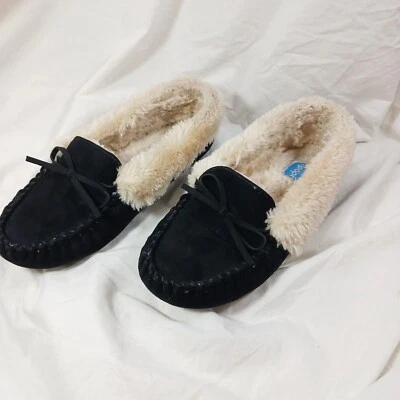 Zapatillas Floopi negras de gamuza sintética crema forradas de piel sintética mocasín interior/exterior Wm 9 Foto 1 de 4