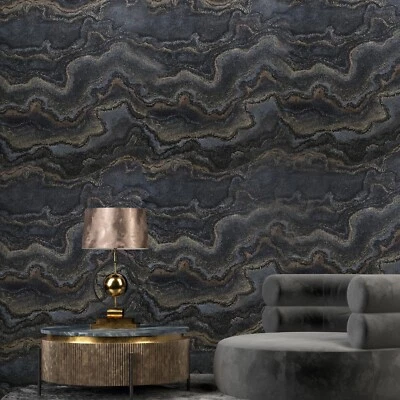 Black gray gold metallic Faux mineral lava marble stone Textured wallpaper 3D - Image 1 of 4