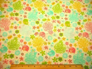 Quilt Fabric By Yard Aqua Pink Green Yellow Floral & Birds White Cotton Vtg #PC - Picture 1 of 2