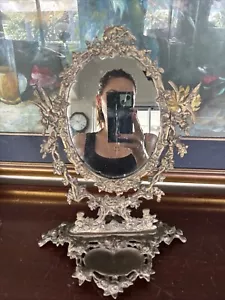 Large Antique Brass Vanity Mirror Ornate Victorian EraOval Frame Jewellery Stand - Picture 1 of 10