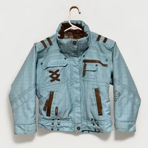 Obermeyer Ski Jacket Girls Size 6 Juniors Teal Aqua Blue Brown Zip Winter Coat - Picture 1 of 12