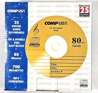 CompUSA Digital Audio CD-R 700MB 80min 25-Pack Spindle Music MP3 Blank Discs - Image 1 of 4