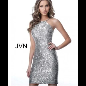 NUEVO JOVANI JVN1112 Plateado Lentejuelas Cuello Halter Ajustado Mini Vestido Formal 2 - Imagen 1 de 12