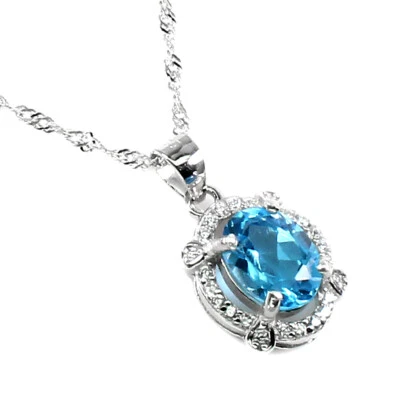 925 Argento Sterling Ovale Svizzero Blu Topazio 8x6mm Finto Cz Collana - Immagine 1 di 4