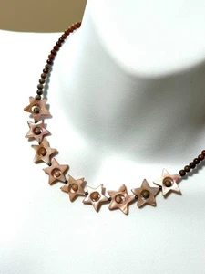 Starry Night Short Necklace, Beaded Pink Mother of Pearl Stars & Earthy Jasper - Picture 1 of 14