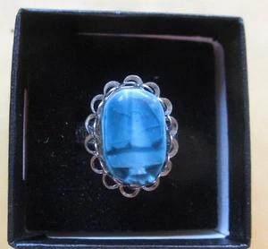 Vintage Silvertone adjustable  Ring with Blue Agate Stone .  Gift Box. - Picture 1 of 4
