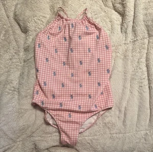 New $65 Polo Pony Ralph Lauren girls one-piece pink plaid swimsuit bathing Sz 16 - Picture 1 of 4