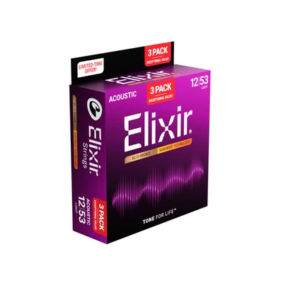 Elixir 16565 Nanoweb 80/20 Bronzo Corde per Chitarra Acustica 12-53; Confezione da 3 - Immagine 1 di 3