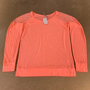 Vanity Women's Large Bright Orange Beaded Shoulder Long Sleeve Pullover Top NWT - Picture 1 of 9