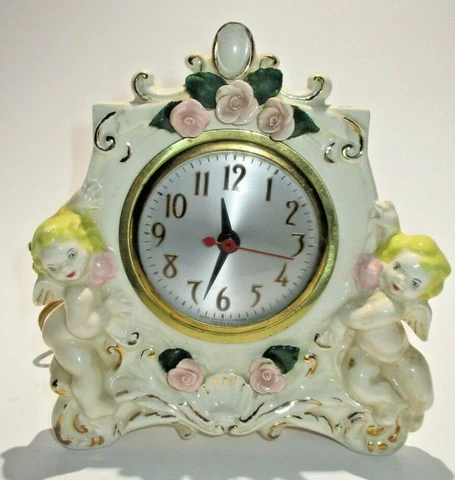 Vintage  Hand Painted Ceramic Clock With Cherubs & Flowers Cover