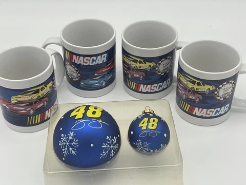 4 SHERWOOD 2004 NASCAR COFFEE CUPS AND TWO JIMMIE JOHNSON Christmas Ornaments Cover