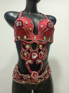 Ägyptischer Bauchtanz Kostüm BH & Gürtel Set Profi Tanzen ROT Silber - Bild 1 von 6