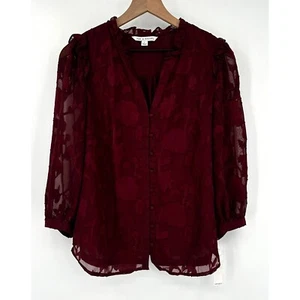 Zac & Rachel Floral Lace Button Down Blouse Women Large Maroon Romantic NWT - Picture 1 of 9