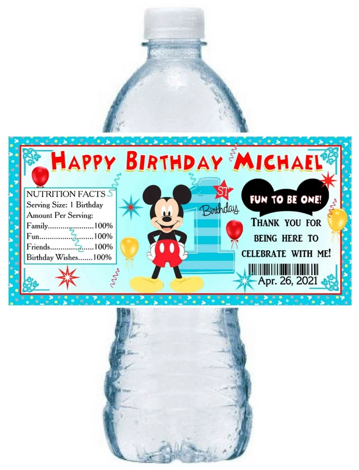 20 FAVORES DE FIESTA DE CUMPLEAÑOS MICKEY MOUSE DIVERTIDOS PARA SER UNO 1er ~ ETIQUETAS DE BOTELLAS DE AGUA Foto 1 de 1