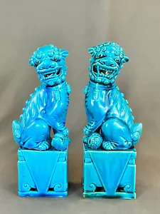 2 statue cinesi porcellana smaltata turchese foo fu cani leone 10" c. XX secolo - Foto 1 di 20