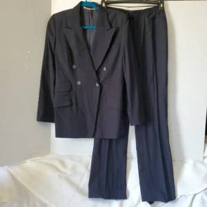 Vtg GUCCI Dark Blue Lana Vergine Fleece Wool Pantsuit Wm Sz 44 Tailored DAMAGED - Picture 1 of 24
