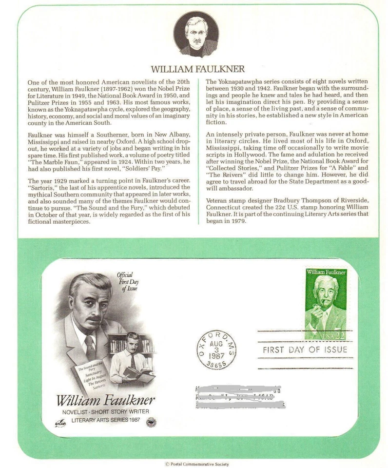 Postal Society First Day Cover FDC stamp # 2350 William Faulkner 22 cent 1987 - Image 1 of 1
