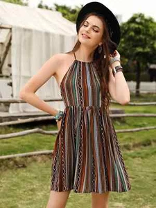 Women's Casual hippie Tie Back Striped Short Dress - Picture 1 of 4