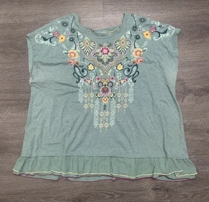 Weiche Umrandung bestickt Tunika grün Baumwolle Rüschensaum Boho Resort Gr. 3XL - Bild 1 von 10