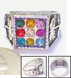 Striking Navaratna 9-Square Multi-Color Crystal Man's Ring Size 11 FREE SHIP - Picture 1 of 5