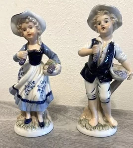 Vintage Delft Dutch Rockwood Farm Girl Boy Porcelain Figurine Set Colbalt Blue - Picture 1 of 22