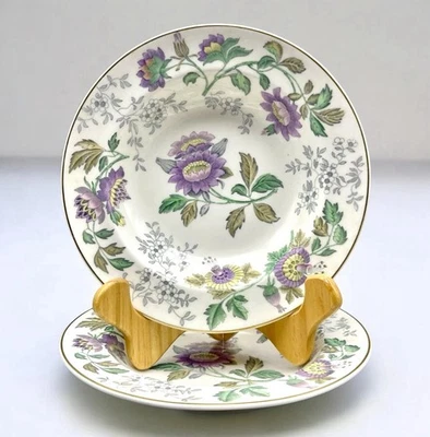 Wedgwood Avon Bone China Rimmed Soup Bowls Purple Flowers Set Of 2 - Image 1 of 4