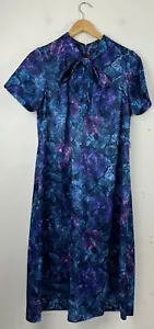 Vintage 1960s British Lady Blue Purple Tropical Floral Dress Union Made In USA - Picture 1 of 12
