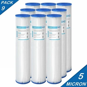 Paquete de 9 filtros de agua de sedimentos plisados para toda la casa de 20""x4,5"" para azul grande 5 micras - Imagen 1 de 14