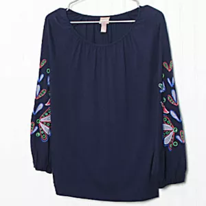 Tunica top Chico's 2 blu navy collo rotondo ricamo manica elastica cotone L - Foto 1 di 8