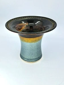 Vaso piedistallo orecchino ceramica artistica lanciato a mano marrone/acciaio blu/oro firmato - Foto 1 di 10