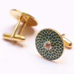 925 Sterling Silver Green Enamel Cubic Zircon Gold Plated Round Shape Cufflink - Picture 1 of 4