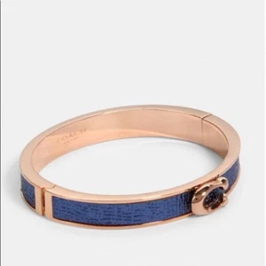 COACH Women's C Logo Hinged Bangle Bracelet Rose Gold S/ Steel & Blue Leather - Picture 1 of 9